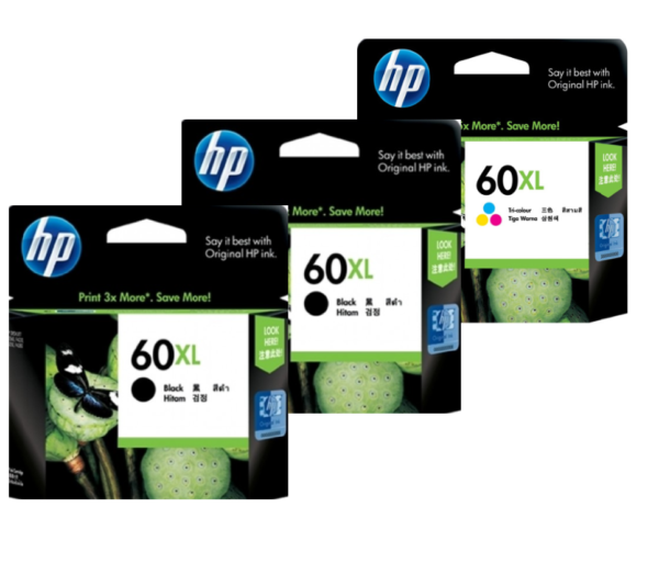 3 Pack HP 60XL Black + 60XL Tri Colour Genuine Inkjet Cartridge [2BK, 1CL]